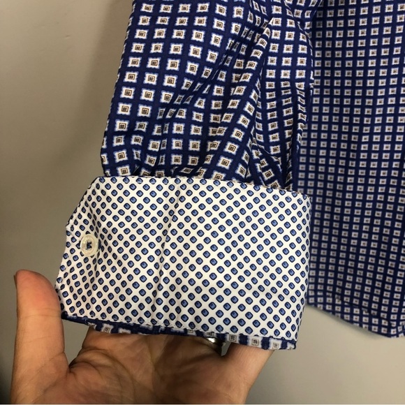 Bugatchi Blue Checkered Geometric Casual Button Down Shirt Classic Fit Size L - Picture 3 of 10